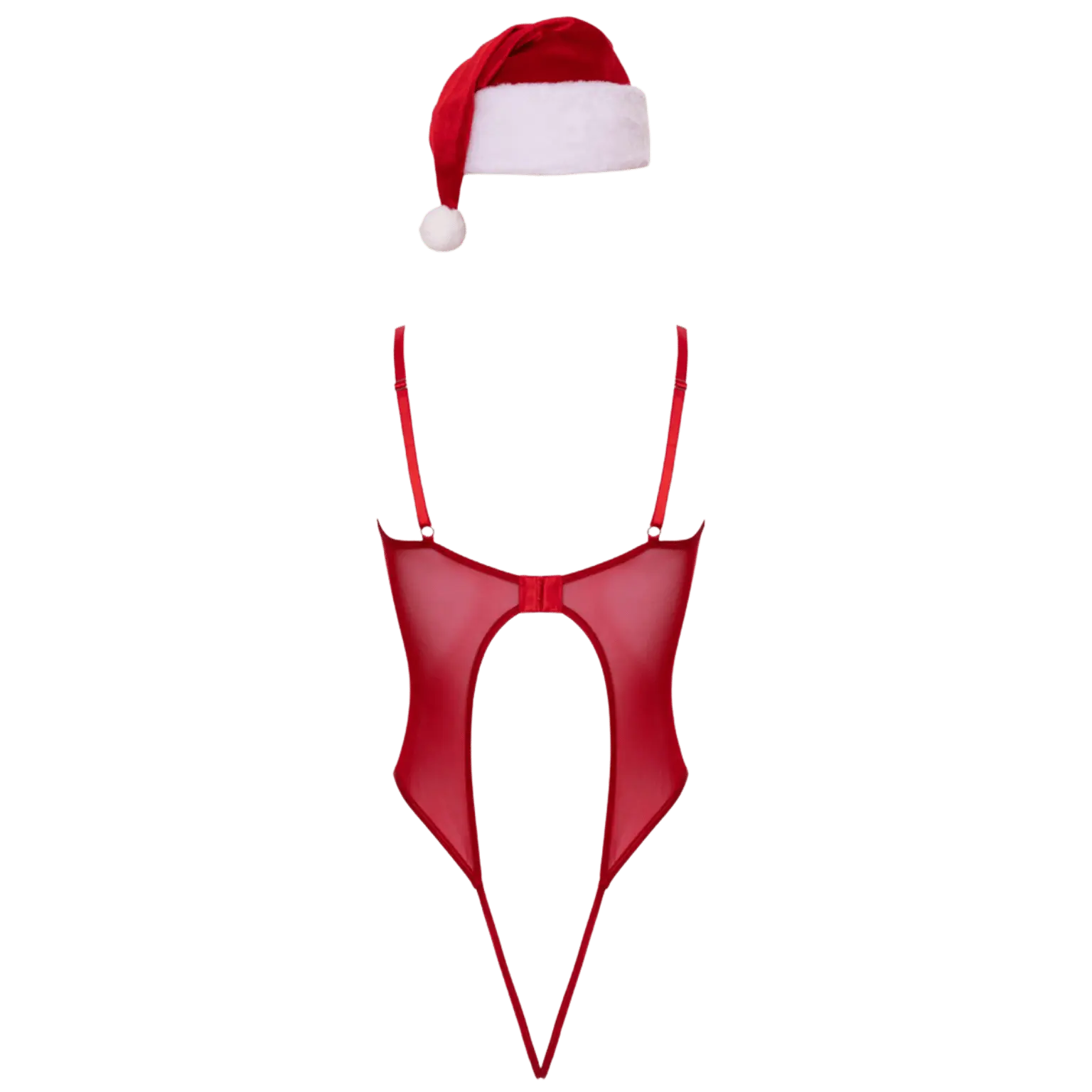 Vue dos du body rouge ouvert avec bonnet de Noël en velours – Oh My God’Z