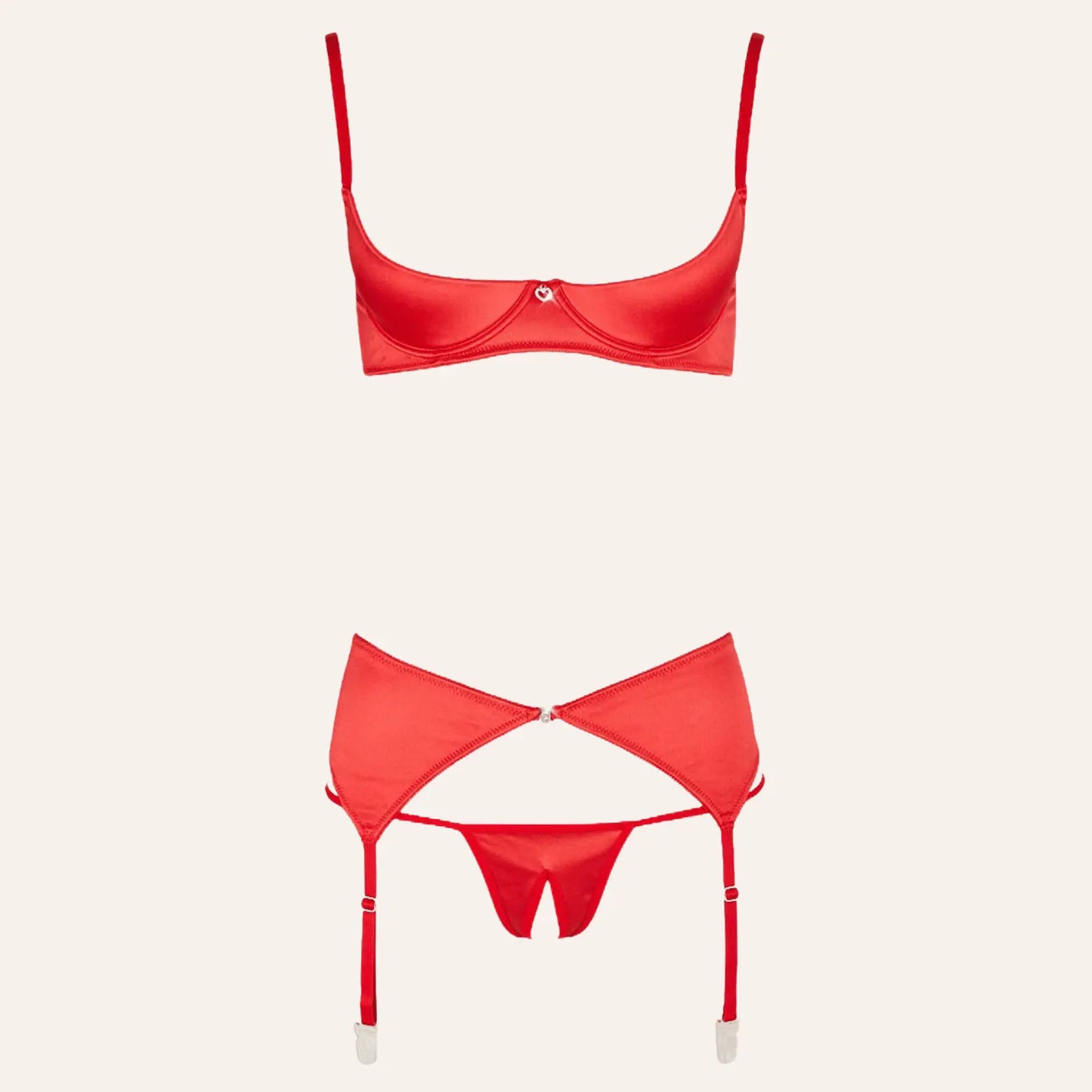 Présentation complète de l'ensemble lingerie 3 pièces ouvert rouge de Cottelli Lingerie chez Oh My God'Z. Soutien-gorge ouvert, porte-jarretelles ajustable et string ouvert pour une séduction assumée.