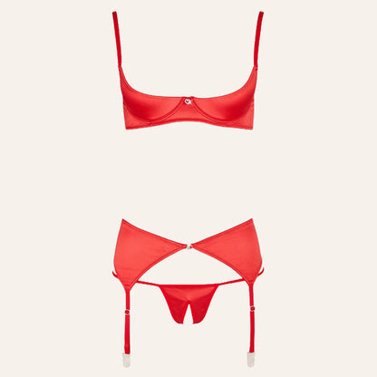 Présentation complète de l'ensemble lingerie 3 pièces ouvert rouge de Cottelli Lingerie chez Oh My God'Z. Soutien-gorge ouvert, porte-jarretelles ajustable et string ouvert pour une séduction assumée.