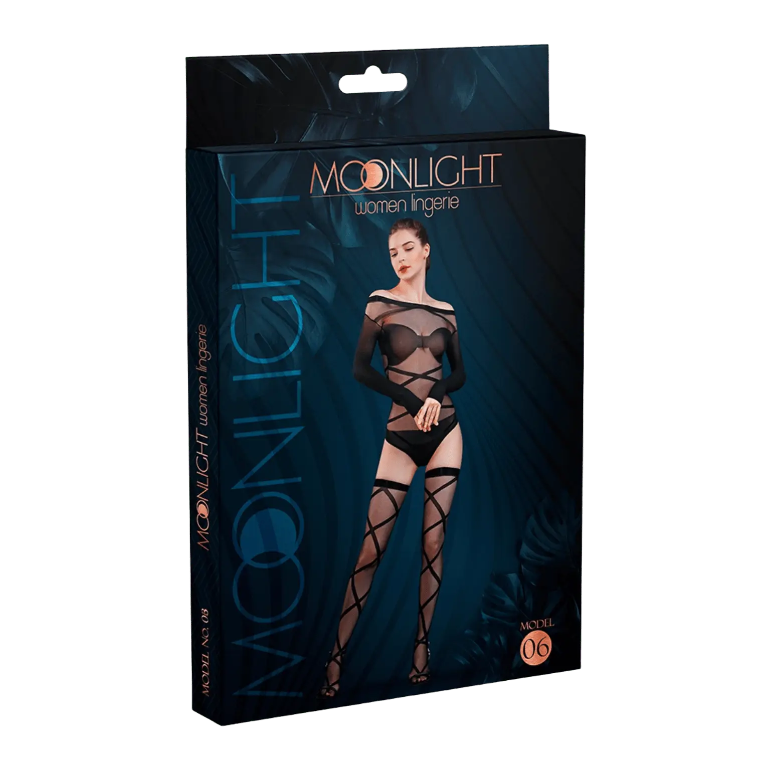 Packaging élégant de la combinaison résille N°6 signée Moonlight, illustrant une lingerie érotique chic et audacieuse, à retrouver sur Oh My God'Z, l’univers du plaisir et des sextoys de luxe.