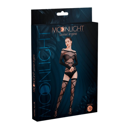 Packaging élégant de la combinaison résille N°6 signée Moonlight, illustrant une lingerie érotique chic et audacieuse, à retrouver sur Oh My God'Z, l’univers du plaisir et des sextoys de luxe.