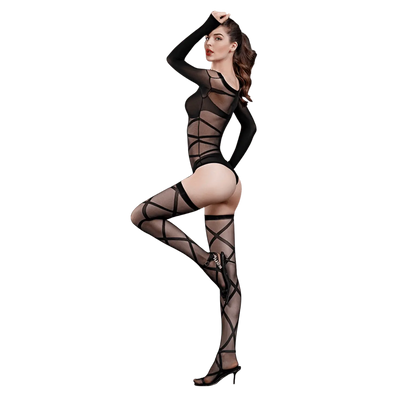 Vue arrière de la combinaison résille N°6 de Moonlight, mettant en valeur les courbes avec son effet string et ses motifs floraux sensuels, proposée par la boutique érotique Oh My God'Z spécialisée en lingerie fine et sextoys premium.