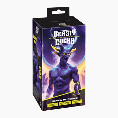 Emballage du gode Demon of Desire – Beasty Cocks, un sextoy inspiré des créatures démoniaques, disponible chez Oh My God'Z. Conçu en silicone liquide avec une surface ultra-douce et une ventouse puissante, ce dildo fantasy offre une expérience sensorielle unique.