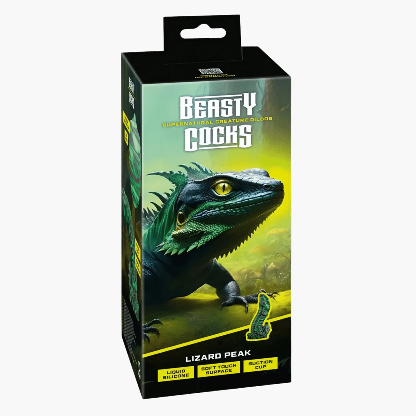 Boîte du gode Lizard Peak – Beasty Cocks, un sextoy inspiré des créatures surnaturelles. Disponible sur Oh My God'Z, ce dildo en silicone liquide offre une texture ultra réaliste et une ventouse puissante pour un plaisir sans limites. Son packaging immersif met en avant son design reptilien unique.