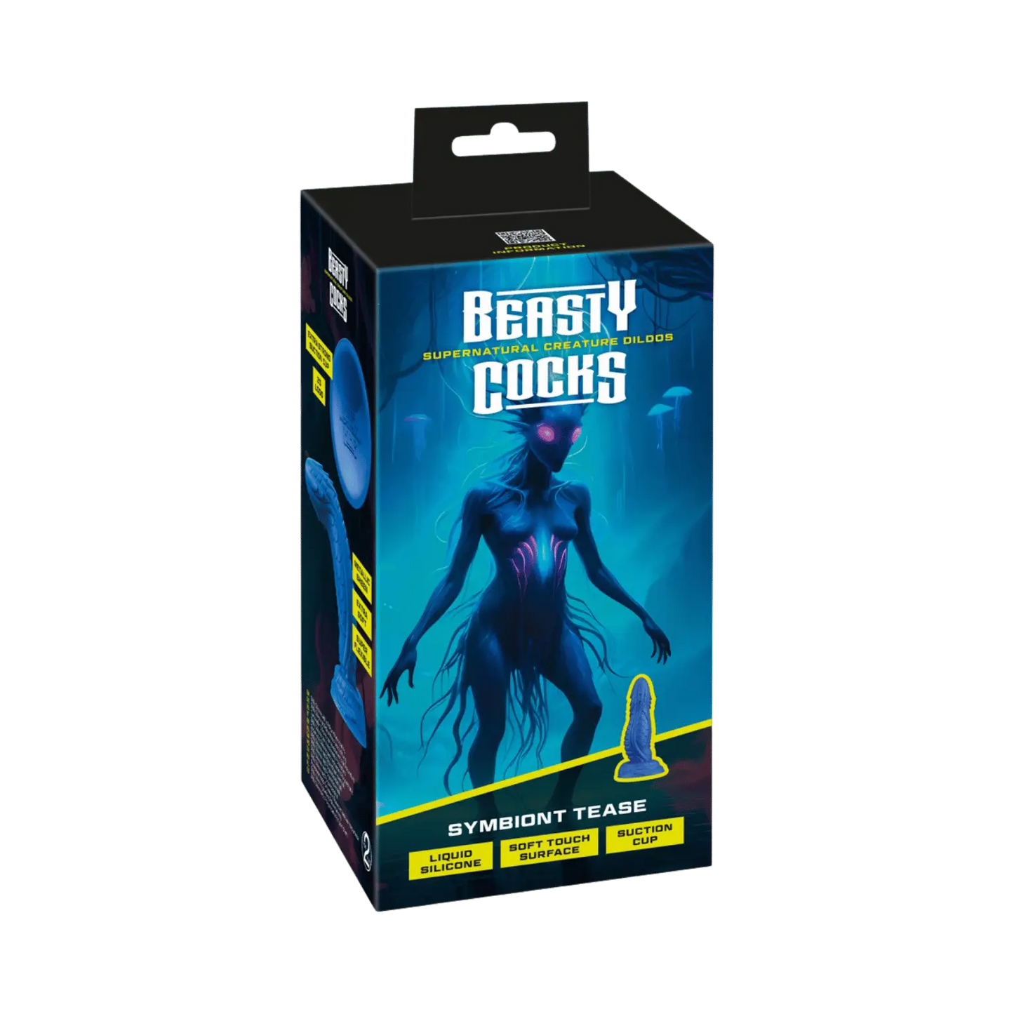 Emballage du gode Symbiont Tease – Beasty Cocks, un sextoy inspiré des créatures extraterrestres, disponible chez Oh My God'Z. Ce dildo en silicone liquide ultra-doux avec ventouse puissante promet une expérience sensorielle hors du commun.