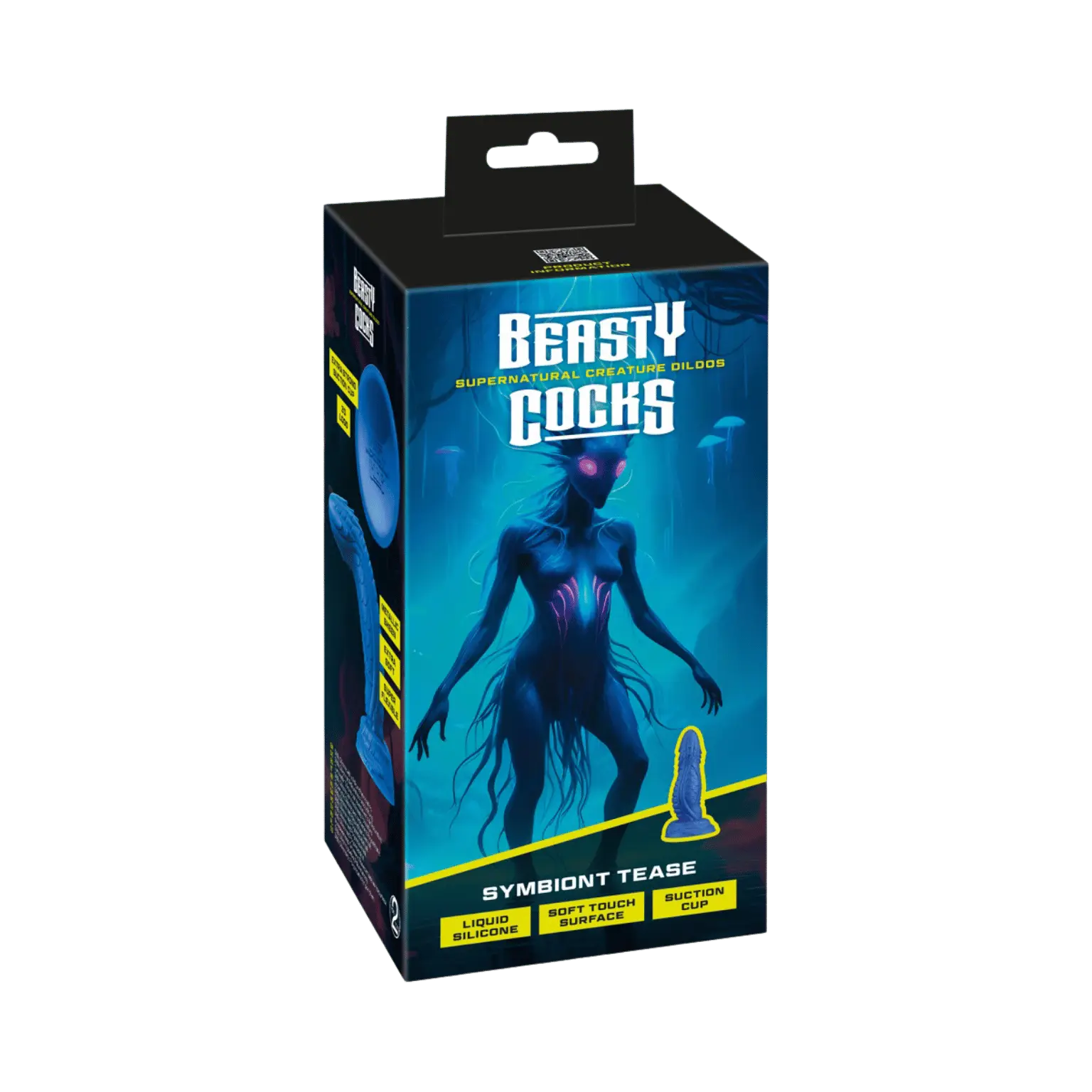 Emballage du gode Symbiont Tease – Beasty Cocks, un sextoy inspiré des créatures extraterrestres, disponible chez Oh My God'Z. Ce dildo en silicone liquide ultra-doux avec ventouse puissante promet une expérience sensorielle hors du commun.