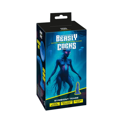Emballage du gode Symbiont Tease – Beasty Cocks, un sextoy inspiré des créatures extraterrestres, disponible chez Oh My God'Z. Ce dildo en silicone liquide ultra-doux avec ventouse puissante promet une expérience sensorielle hors du commun.