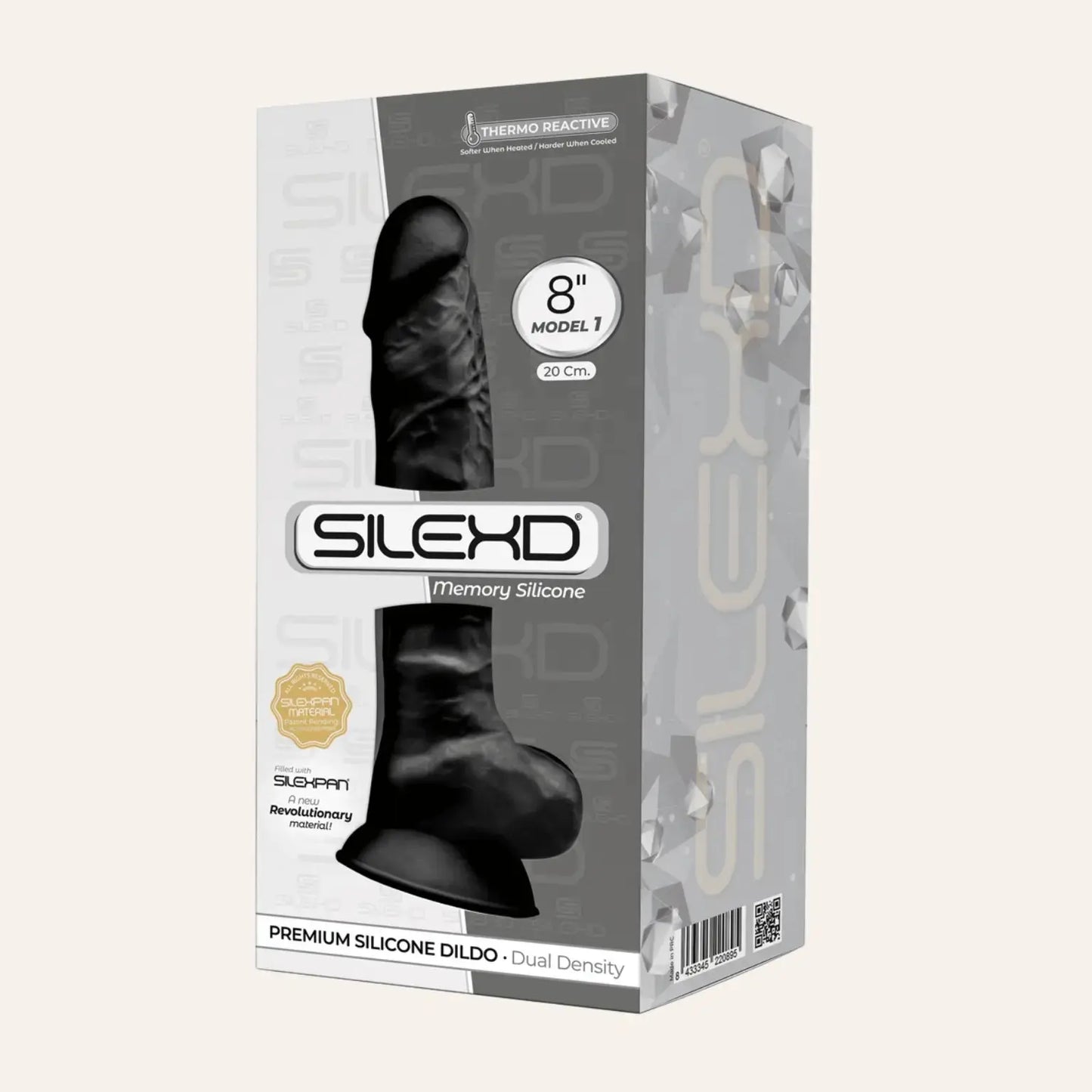 Packaging du gode réaliste noir SilexD modèle 1 de 20 cm, en silicone premium thermo-réactif avec technologie à mémoire de forme, présenté dans son coffret original. Produit distribué par Oh My God'Z, spécialiste des sextoys haut de gamme et innovants.