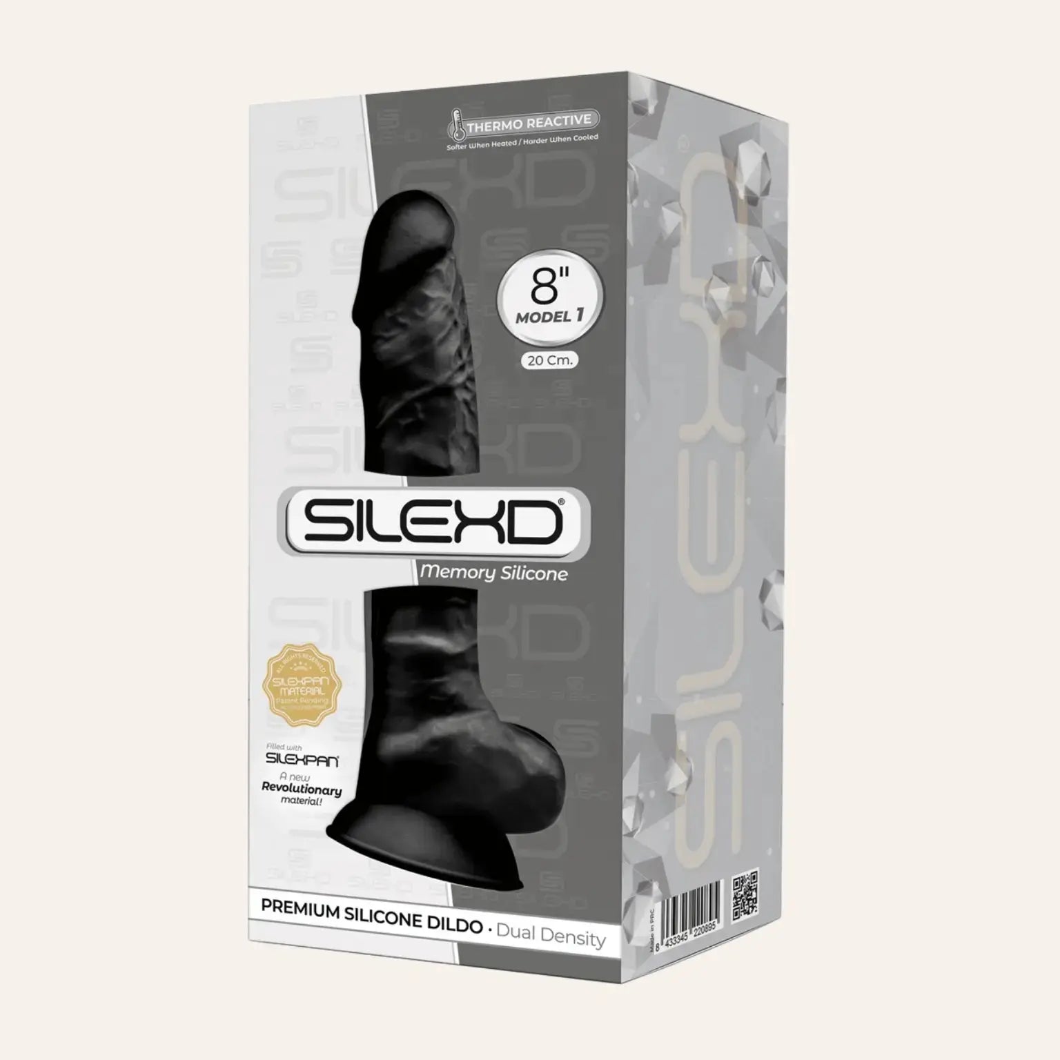 Packaging du gode réaliste noir SilexD modèle 1 de 20 cm, en silicone premium thermo-réactif avec technologie à mémoire de forme, présenté dans son coffret original. Produit distribué par Oh My God'Z, spécialiste des sextoys haut de gamme et innovants.