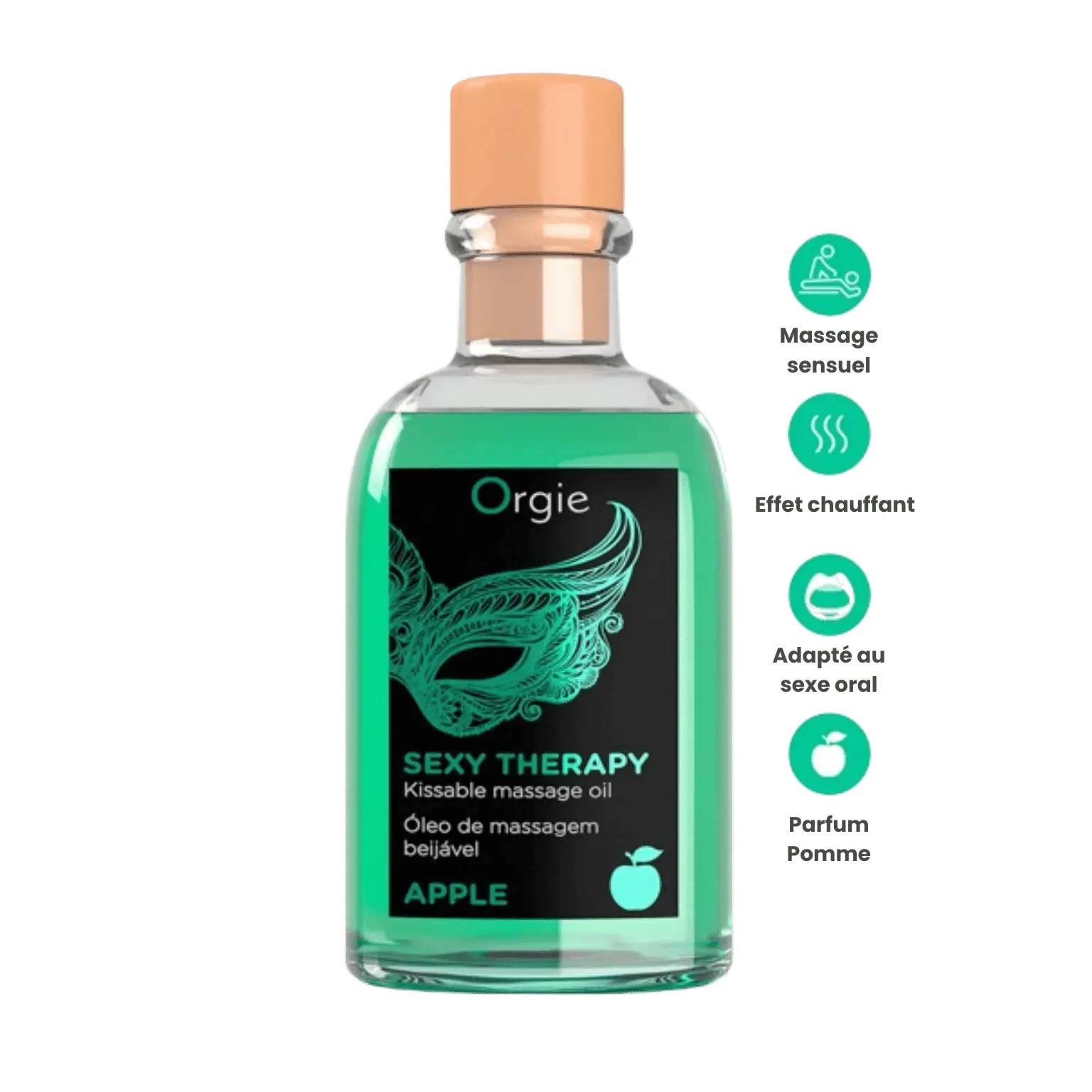 Flacon transparent d'huile de massage embrassable Sexy Therapy Pomme de la marque Orgie avec des icônes indiquant le massage sensuel, l'effet chauffant, et adapté au sexe oral, avec parfum pomme.