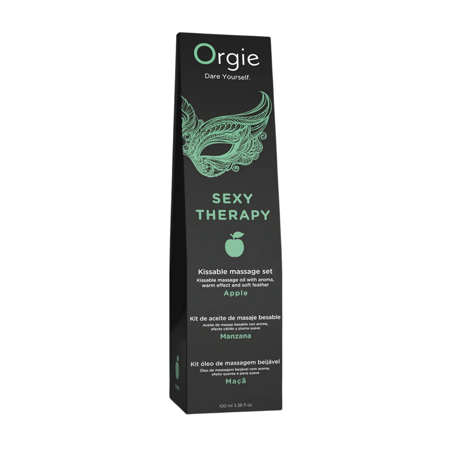 Emballage noir de l'huile de massage Sexy Therapy Pomme de la marque Orgie, avec des motifs en forme de masque et des inscriptions mentionnant le produit.