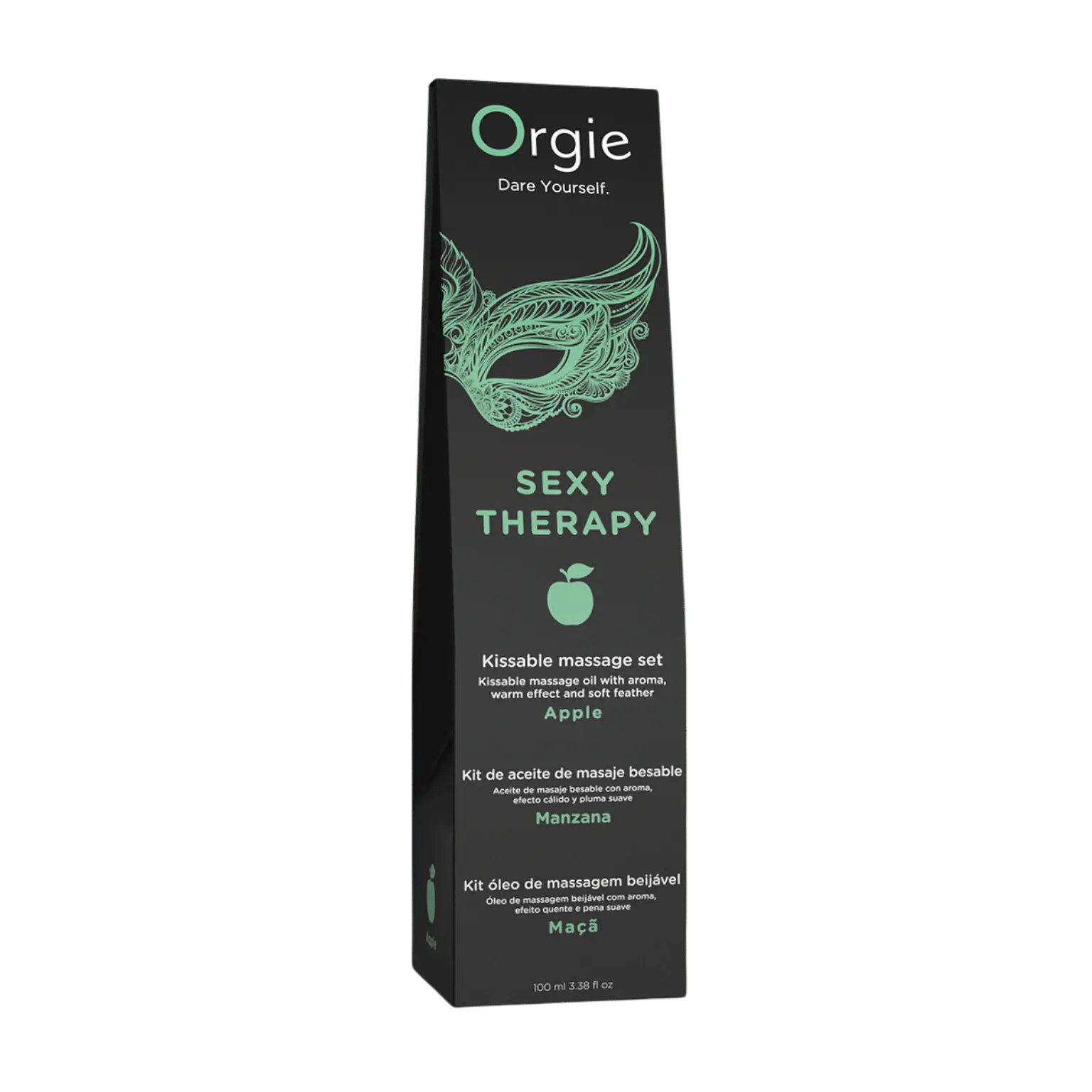 Emballage noir de l'huile de massage Sexy Therapy Pomme de la marque Orgie, avec des motifs en forme de masque et des inscriptions mentionnant le produit.