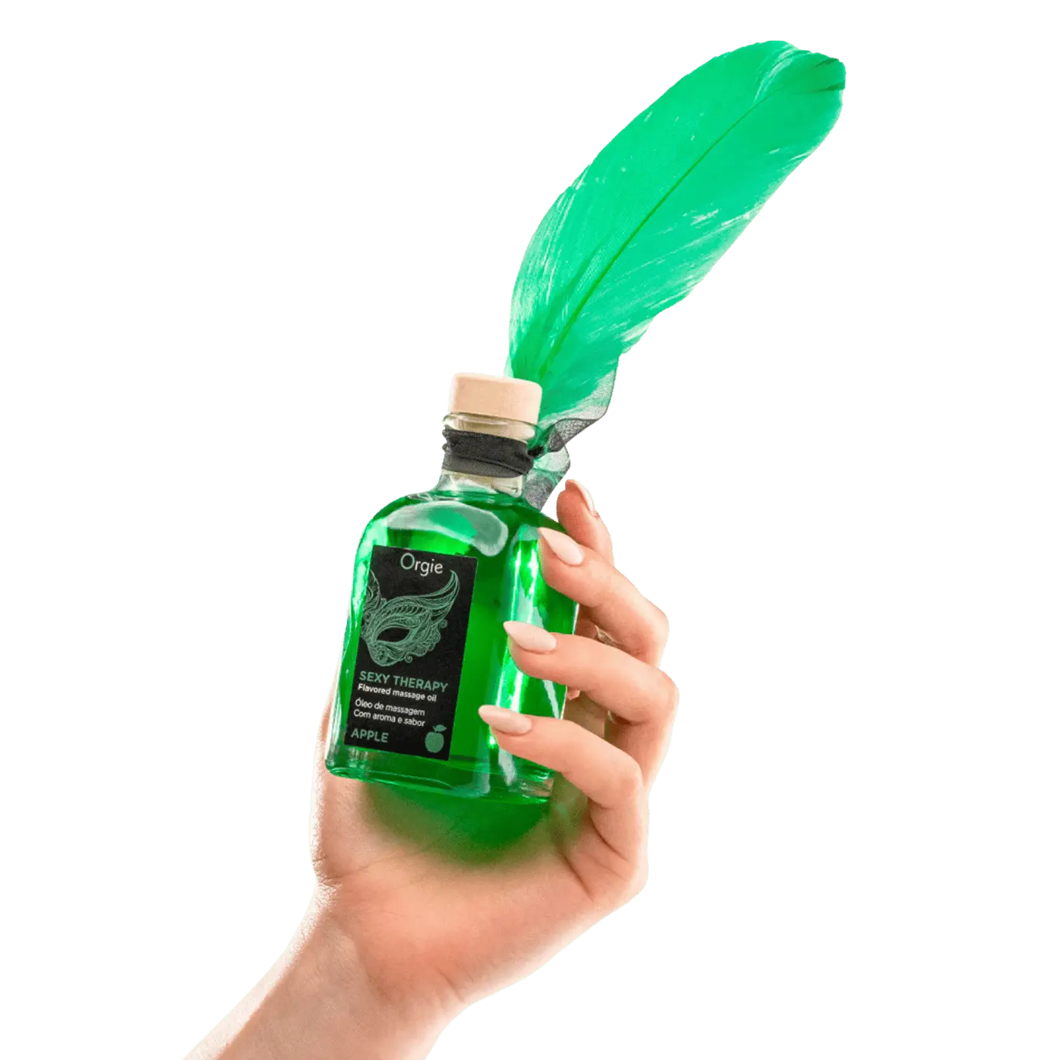 Huile de massage embrassable Sexy Therapy Pomme, de couleur verte, en bouteille avec un bouchon en liège, tenue dans une main avec une plume verte attachée au flacon.