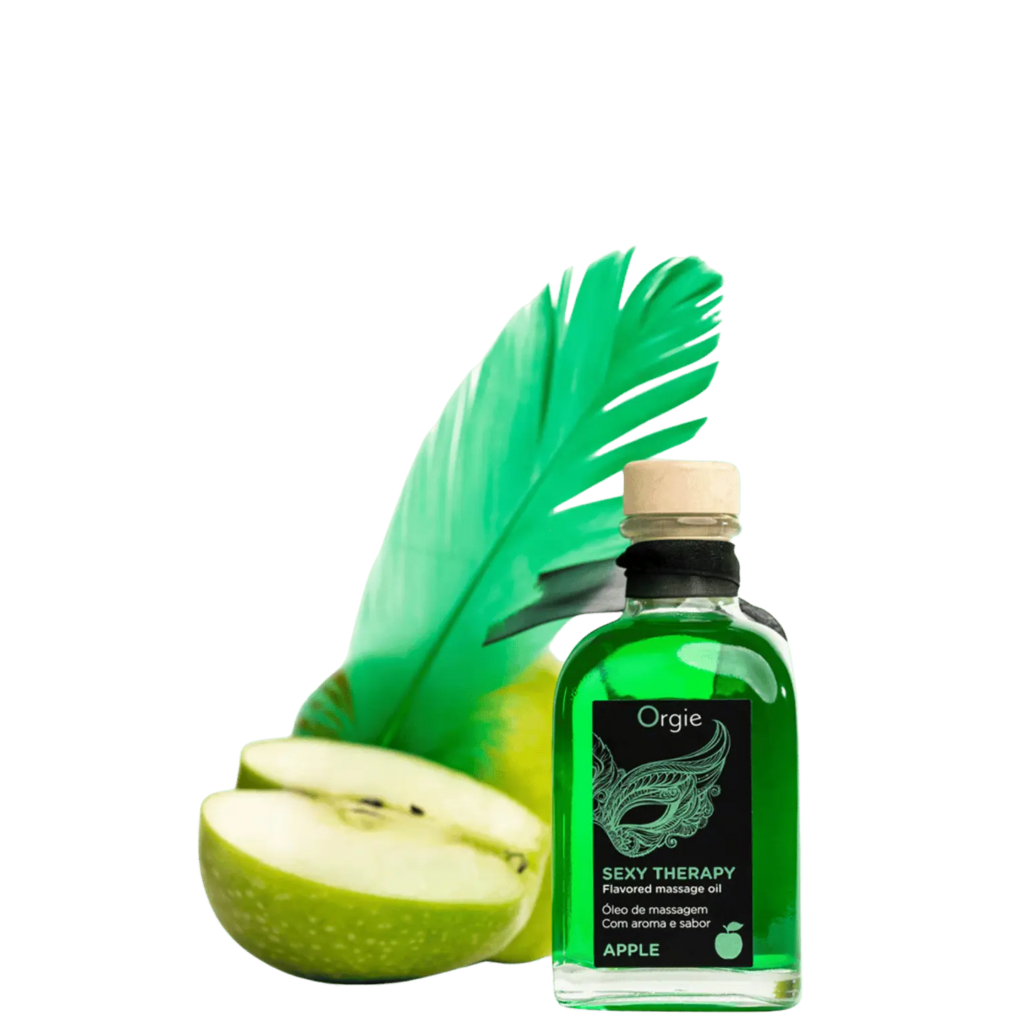 Huile de massage embrassable Sexy Therapy Pomme, de couleur verte, accompagnée d'une plume verte et d'une pomme verte coupée en deux.