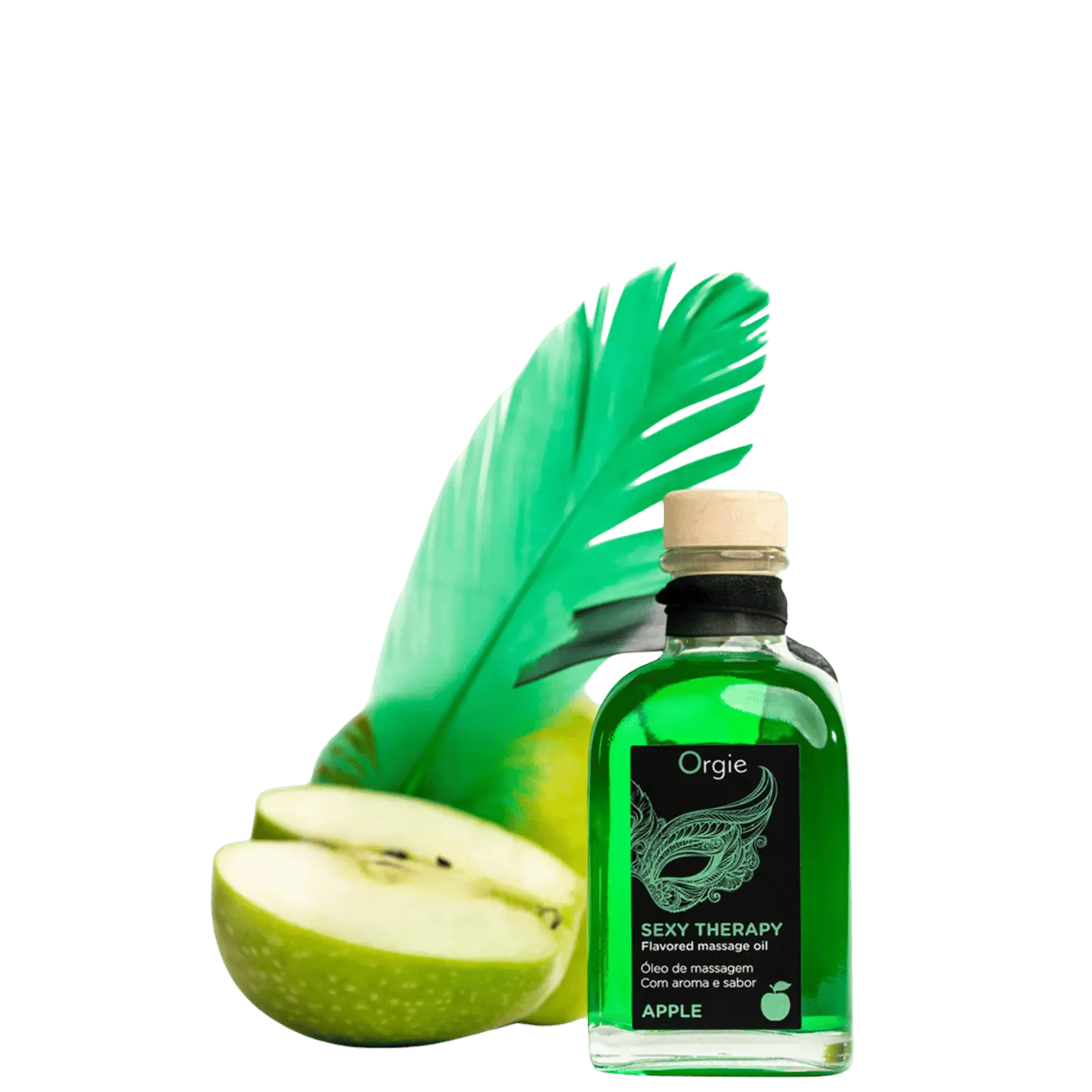 Huile de massage embrassable Sexy Therapy Pomme, de couleur verte, accompagnée d'une plume verte et d'une pomme verte coupée en deux.