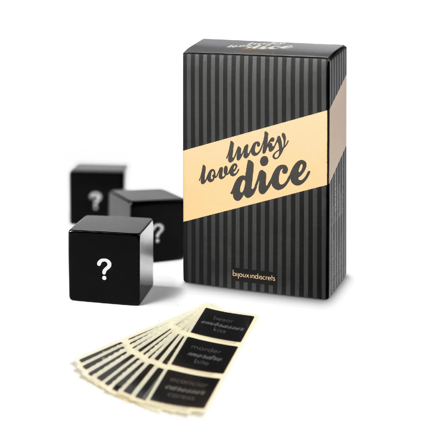 Jeu de dés érotiques Lucky Love Dice de bijoux indiscrets pour pimenter la soirée, présenté par Oh My God'Z avec des dés noirs mystérieux portant des points d'interrogation, pour des jeux de couple imprévisibles et sensuels