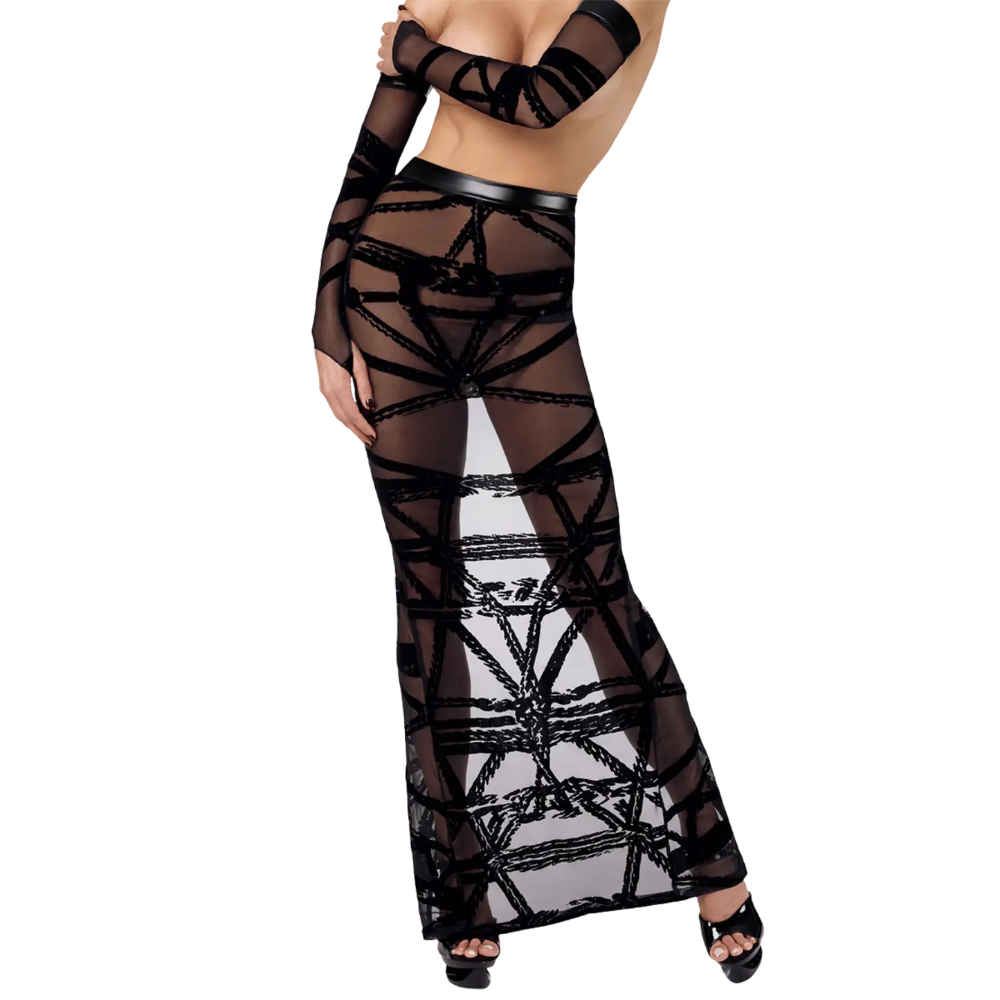 Jupe longue Bondesque F360 en tulle noir transparent à motifs floqués – Noir Handmade
