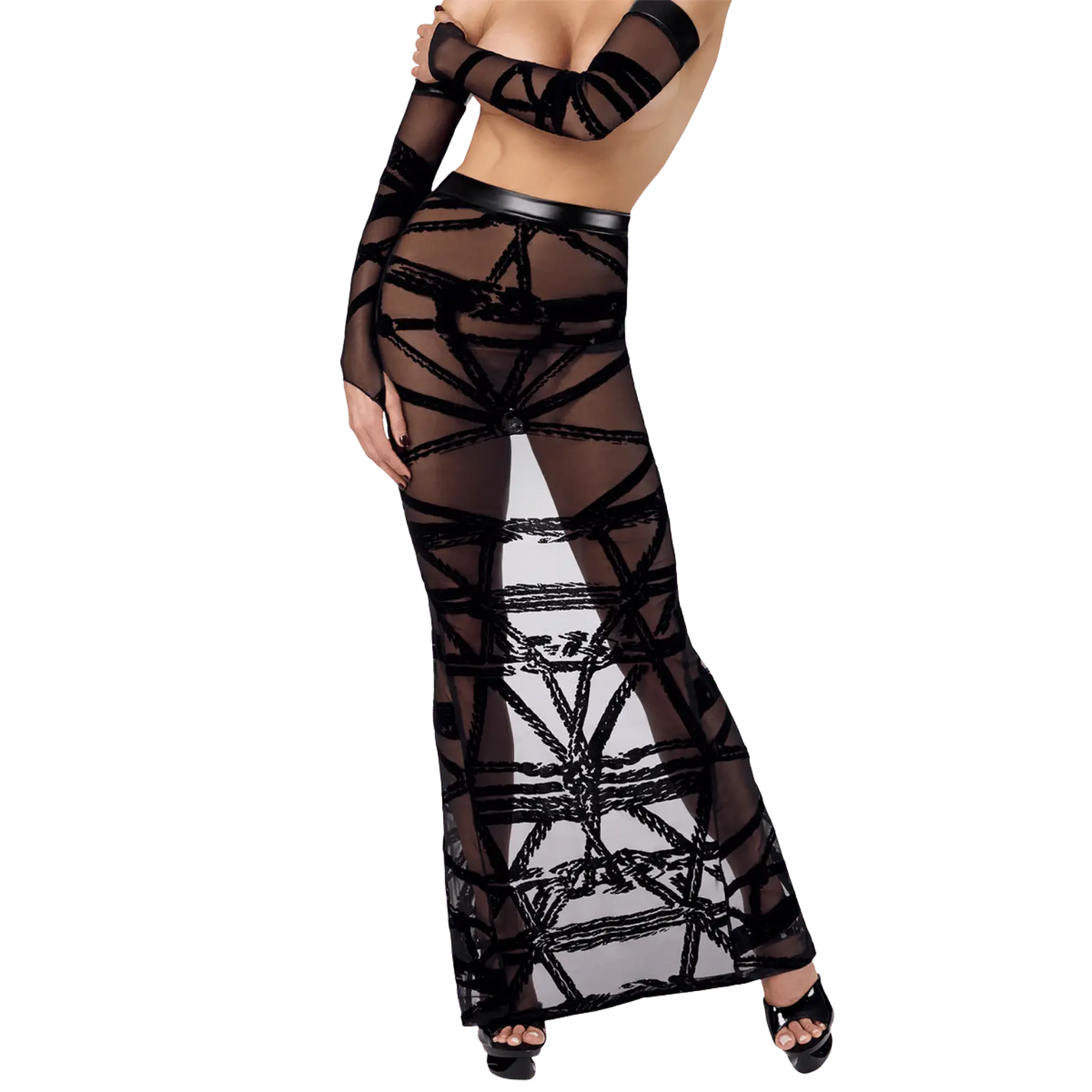 Jupe longue Bondesque F360 en tulle noir transparent à motifs floqués – Noir Handmade