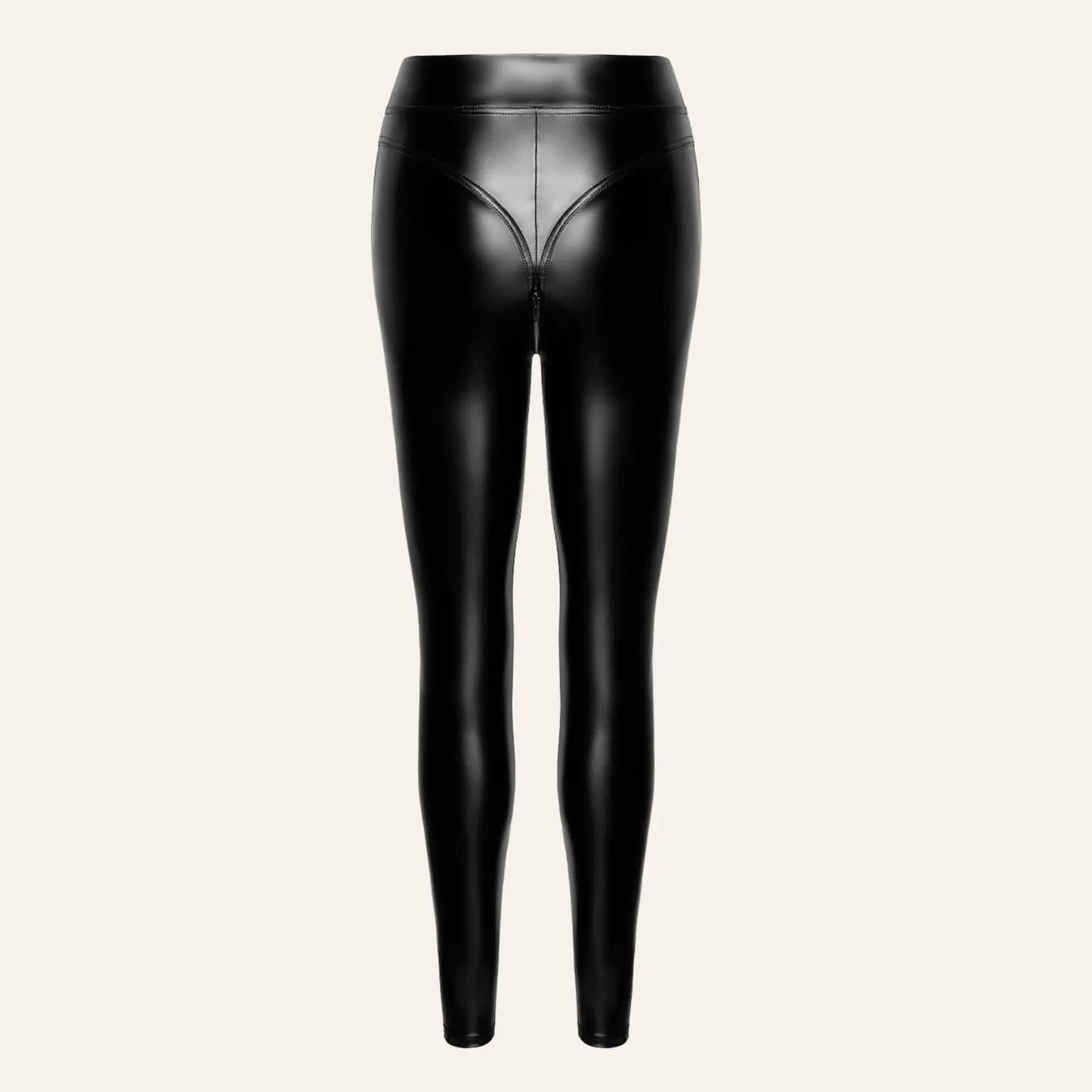 Vue de dos du legging noir Chimeria F332 en wetlook brillant avec couture soulignant les courbes, proposé par la boutique Oh My God'Z, parfait pour un look fétichiste associé à des sextoys de luxe.
