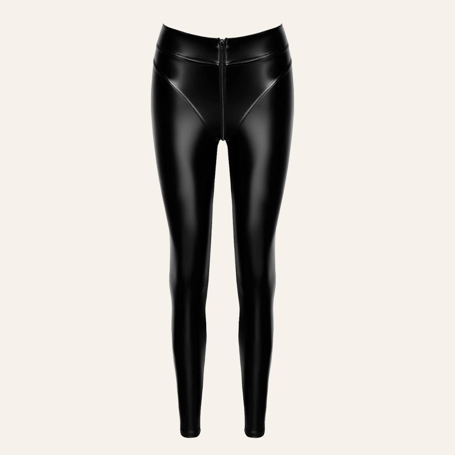 Legging érotique noir en wetlook avec fermeture zippée frontale à l’entrejambe, modèle Chimeria F332 disponible chez Oh My God'Z, conçu pour des jeux intimes raffinés avec sextoys haut de gamme.