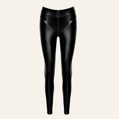 Legging érotique noir en wetlook avec fermeture zippée frontale à l’entrejambe, modèle Chimeria F332 disponible chez Oh My God'Z, conçu pour des jeux intimes raffinés avec sextoys haut de gamme.