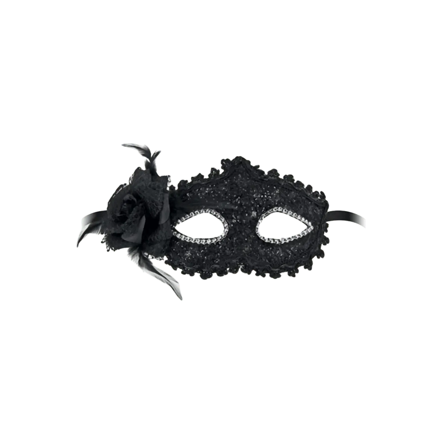 Loup noir semi-rigide Bella Figura avec dentelle et fleur décorative – Maskarade