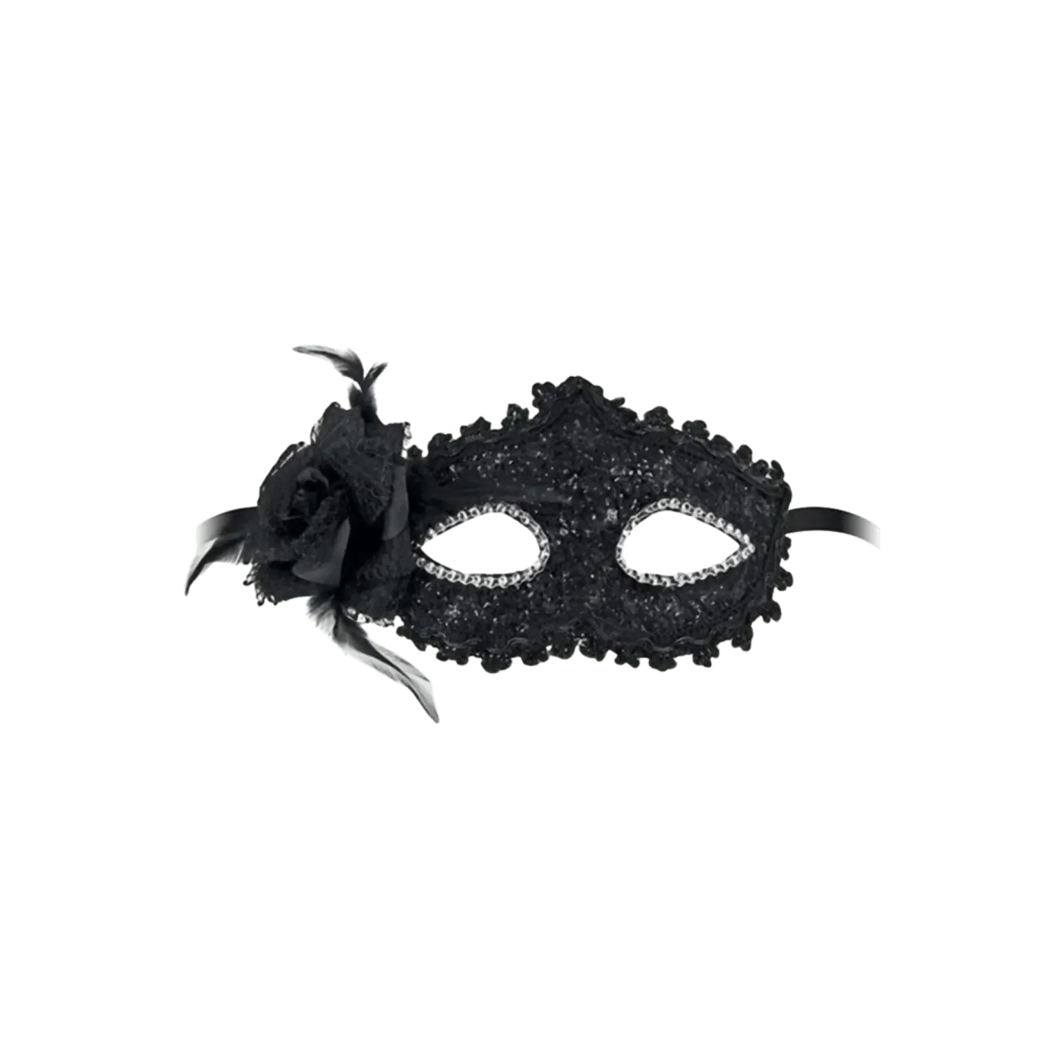 Loup noir semi-rigide Bella Figura avec dentelle et fleur décorative – Maskarade