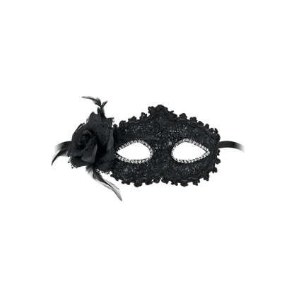 Loup noir semi-rigide Bella Figura avec dentelle et fleur décorative – Maskarade