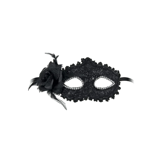 Loup noir semi-rigide Bella Figura avec dentelle et fleur décorative – Maskarade