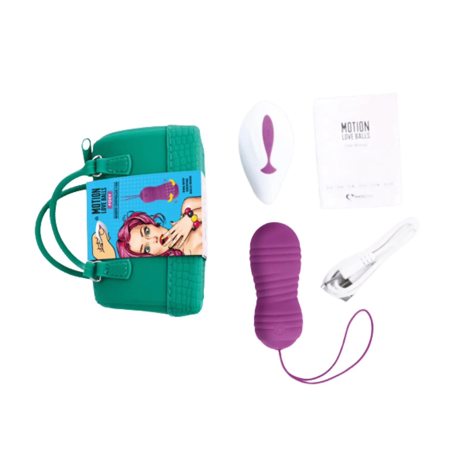 Contenu de la boîte de la Love Ball télécommandée Foxy de Feelztoys avec sa télécommande, son sac de transport et son câble de recharge USB. Disponible chez Oh My God'Z.