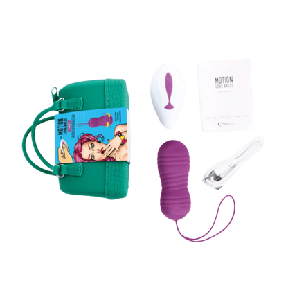 Contenu de la boîte de la Love Ball télécommandée Foxy de Feelztoys avec sa télécommande, son sac de transport et son câble de recharge USB. Disponible chez Oh My God'Z.