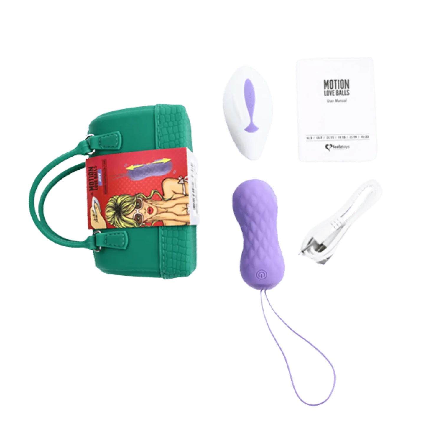 Contenu de la boîte de la Love Ball télécommandée Jivy de Feelztoys, avec télécommande, sac de transport, et câble USB. Sextoy en vente chez Oh My God'Z.