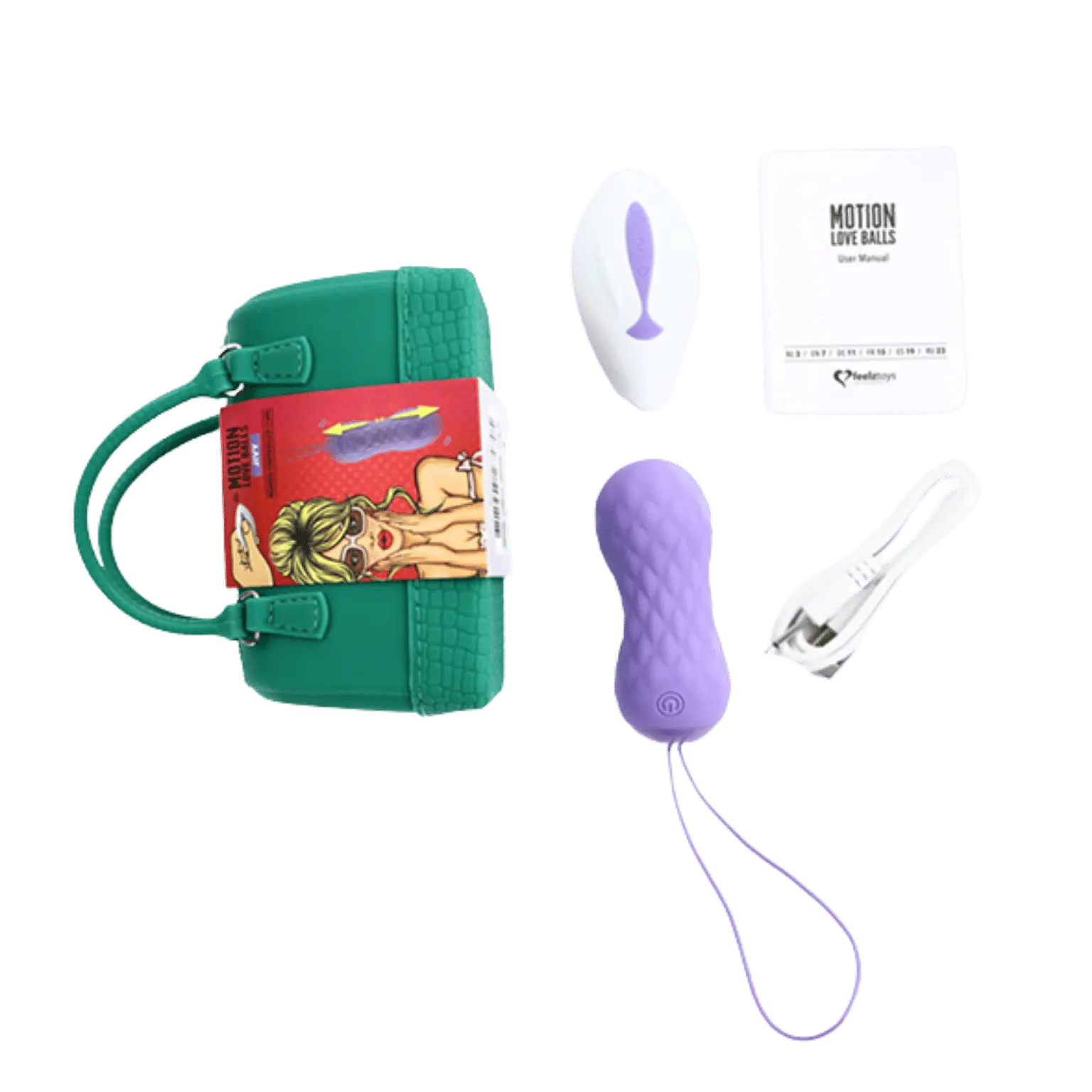Contenu de la boîte de la Love Ball télécommandée Jivy de Feelztoys, avec télécommande, sac de transport, et câble USB. Sextoy en vente chez Oh My God'Z.