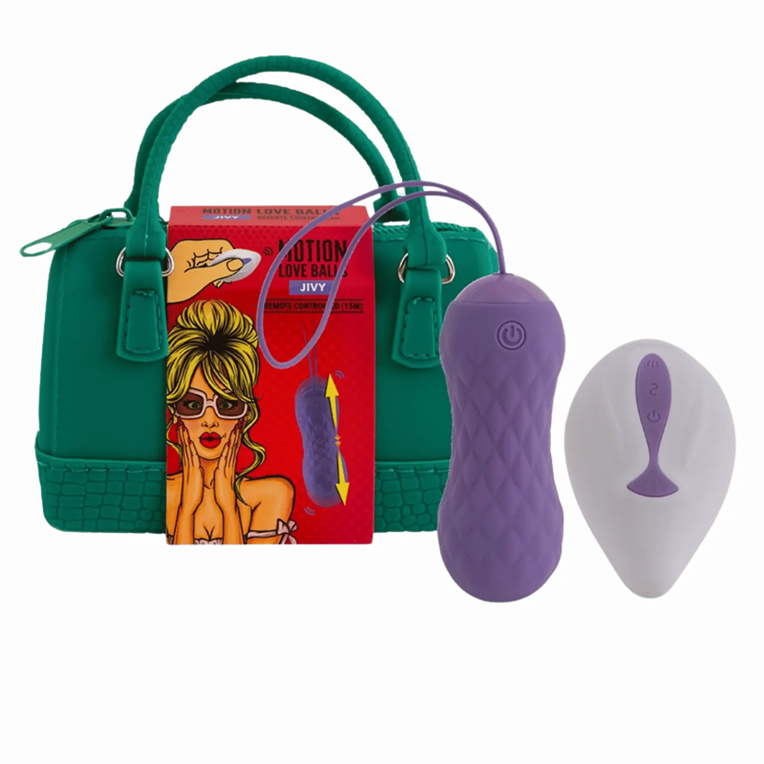 Love Ball télécommandée Jivy de Feelztoys avec sac de transport vert et télécommande sans fil. Disponible chez Oh My God'Z, ce sextoy combine étirement et vibrations pour un plaisir inégalé.