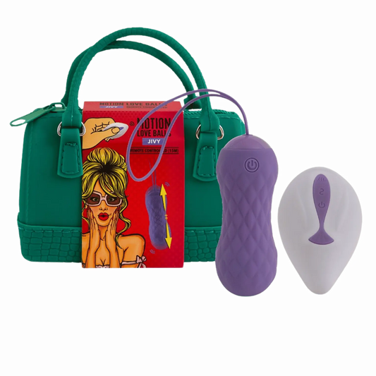 Love Ball télécommandée Jivy de Feelztoys avec sac de transport vert et télécommande sans fil. Disponible chez Oh My God'Z, ce sextoy combine étirement et vibrations pour un plaisir inégalé.