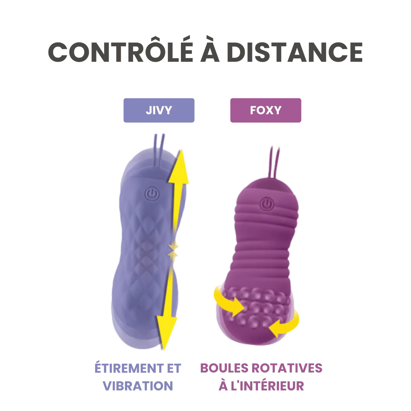 Comparaison des Love Balls télécommandées Jivy et Foxy de Feelztoys, avec options d'étirement et vibrations pour Jivy, et boules rotatives pour Foxy. Sextoys disponibles chez Oh My God'Z.