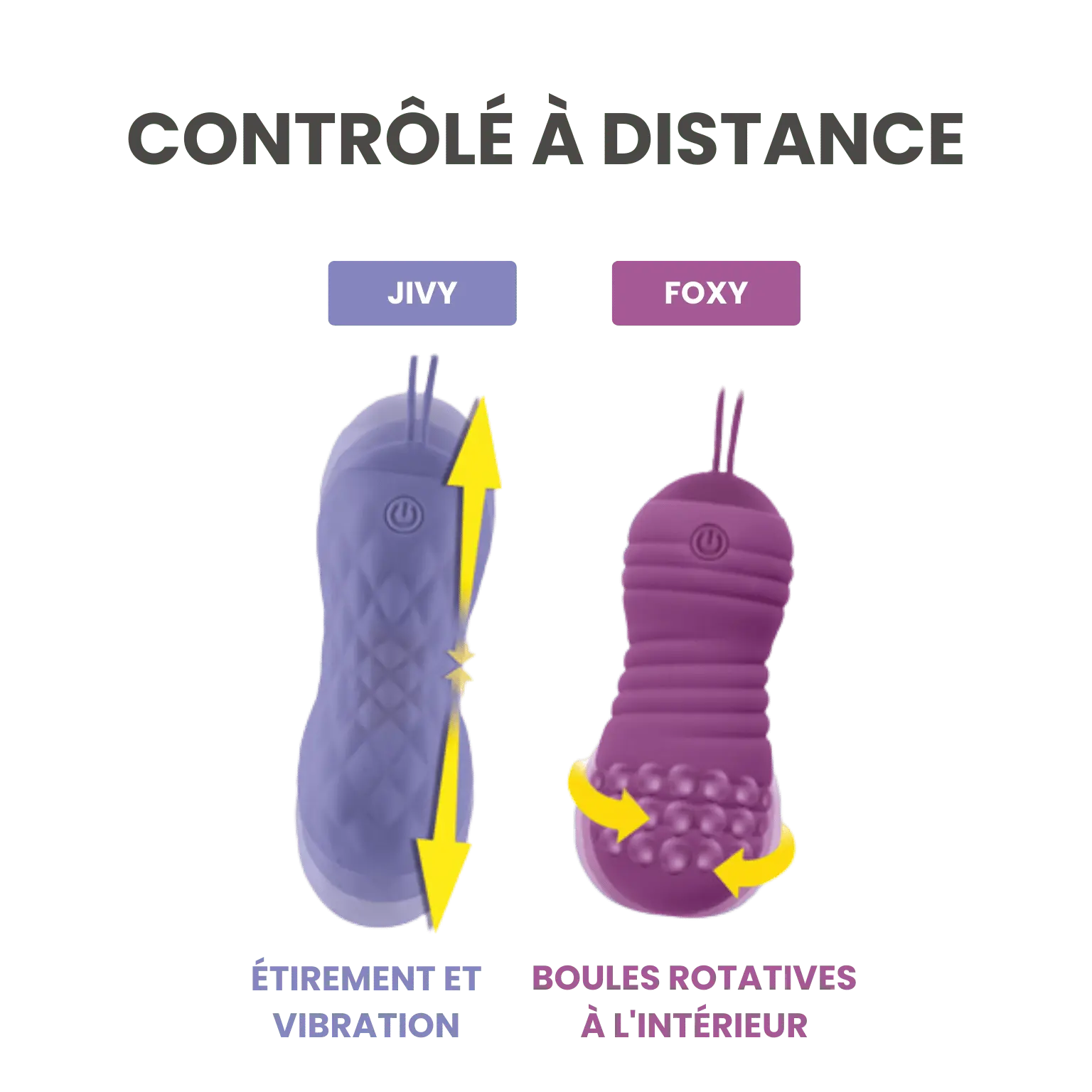 Comparaison des Love Balls télécommandées Jivy et Foxy de Feelztoys, avec options d'étirement et vibrations pour Jivy, et boules rotatives pour Foxy. Sextoys disponibles chez Oh My God'Z.