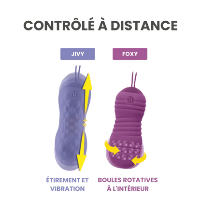 Comparaison des Love Balls télécommandées Jivy et Foxy de Feelztoys, avec options d'étirement et vibrations pour Jivy, et boules rotatives pour Foxy. Sextoys disponibles chez Oh My God'Z.