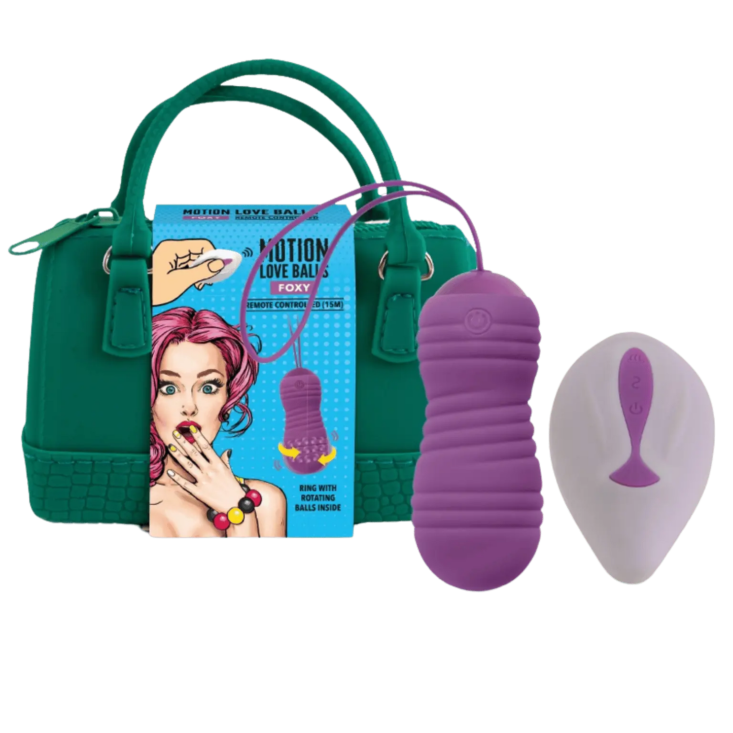 Pack complet Love Ball télécommandée Foxy de Feelztoys avec télécommande et sac de transport vert élégant. En vente chez Oh My God'Z, ce sextoy offre un contrôle à distance pour des moments de plaisir inédits.