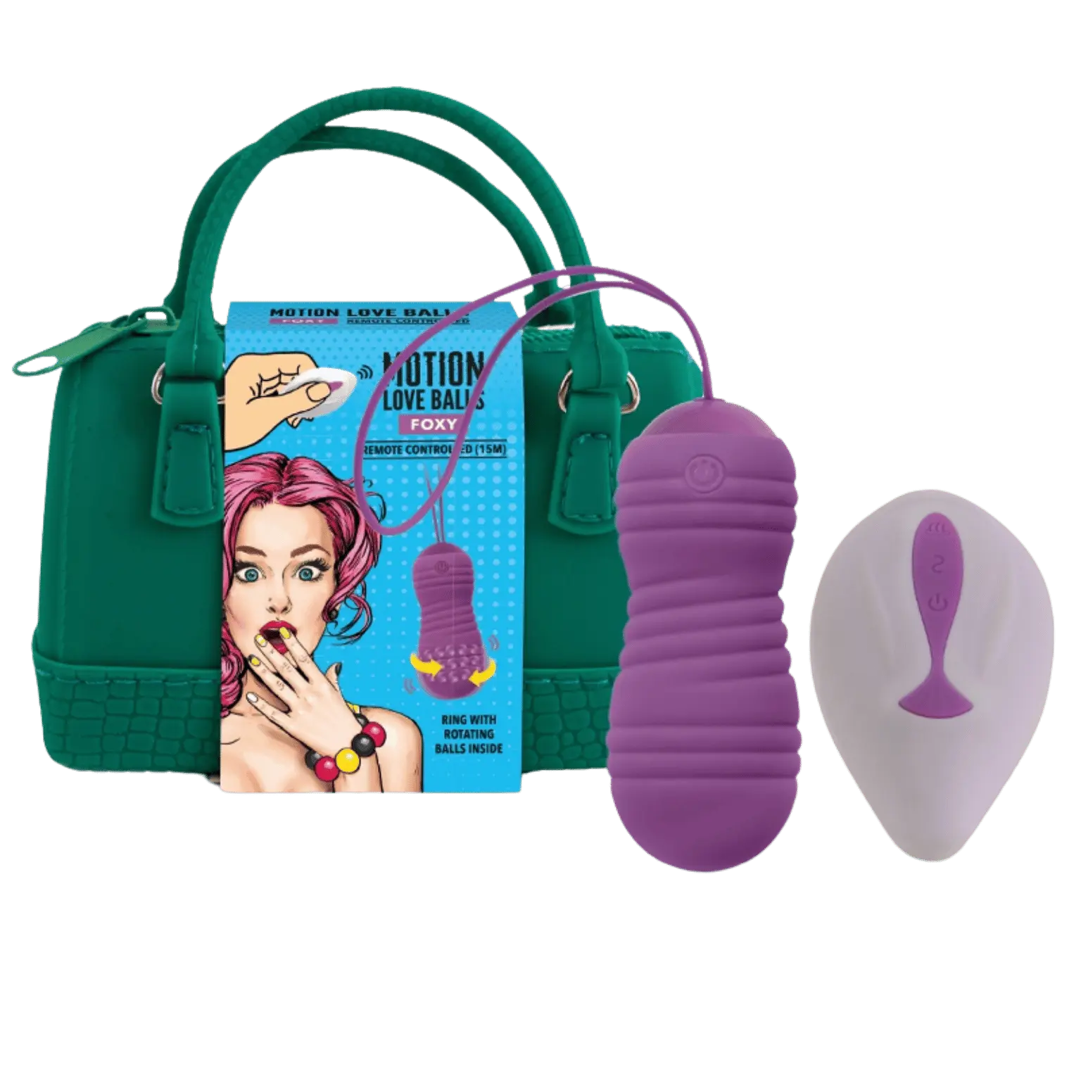 Pack complet Love Ball télécommandée Foxy de Feelztoys avec télécommande et sac de transport vert élégant. En vente chez Oh My God'Z, ce sextoy offre un contrôle à distance pour des moments de plaisir inédits.