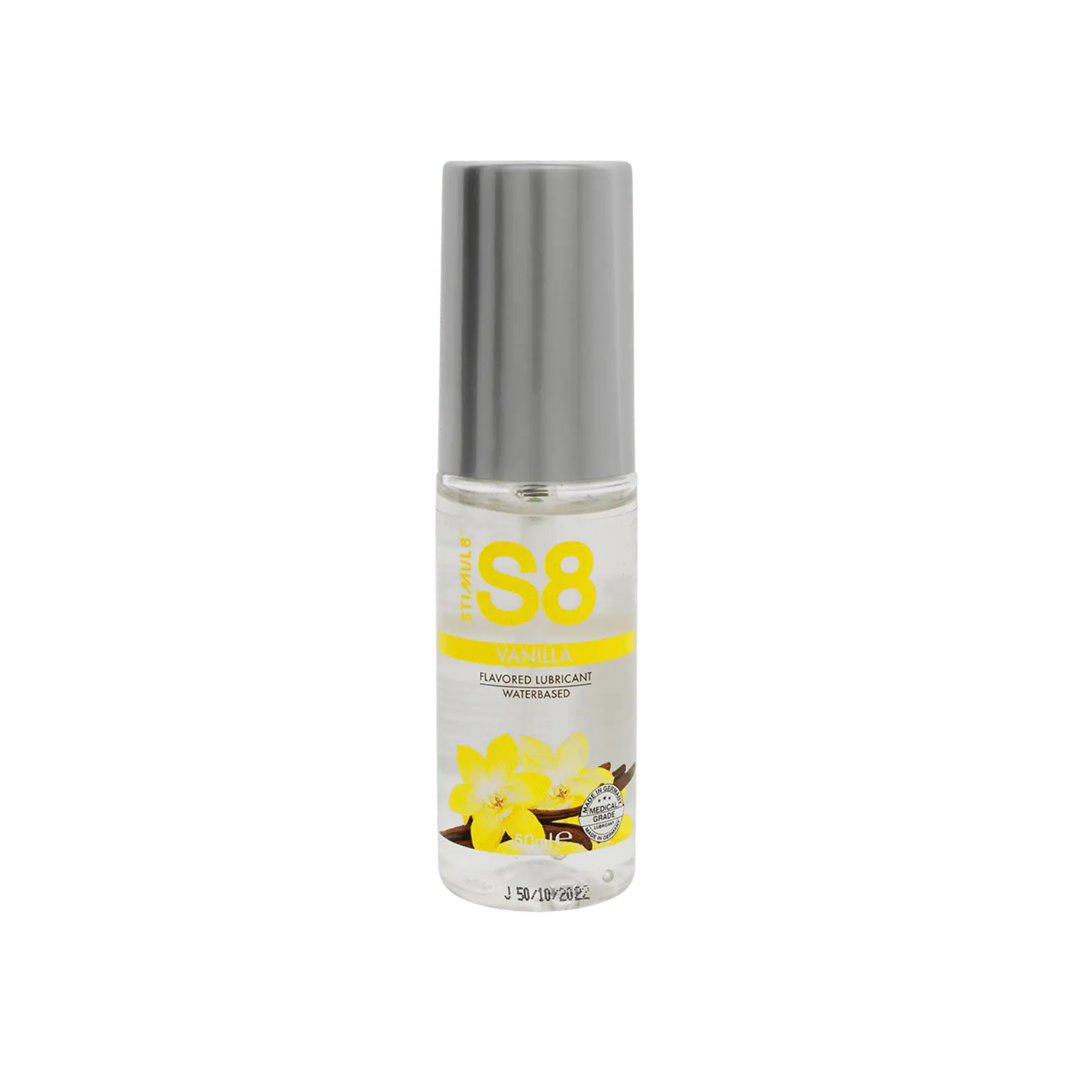 Lubrifiant parfumé vanille S8 50ml à base d'eau, vegan, et sans danger pour les sextoys, disponible chez Oh My God'Z. Parfait pour une lubrification longue durée avec une délicieuse senteur de vanille.