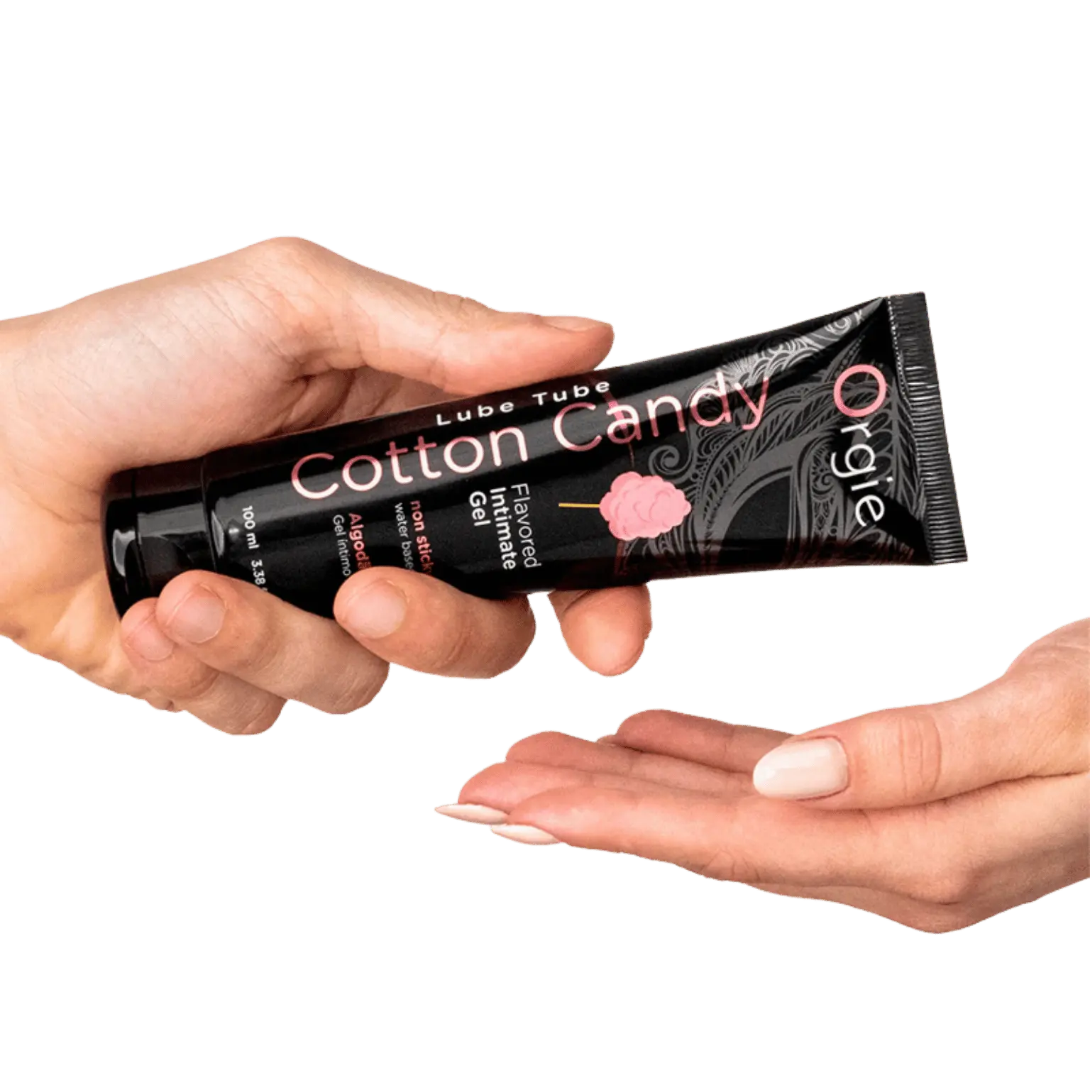 Une personne tenant un tube de lubrifiant Lube Tube Cotton Candy (Barbe à papa), avec une texture gel appliquée sur la main, illustrant son usage.