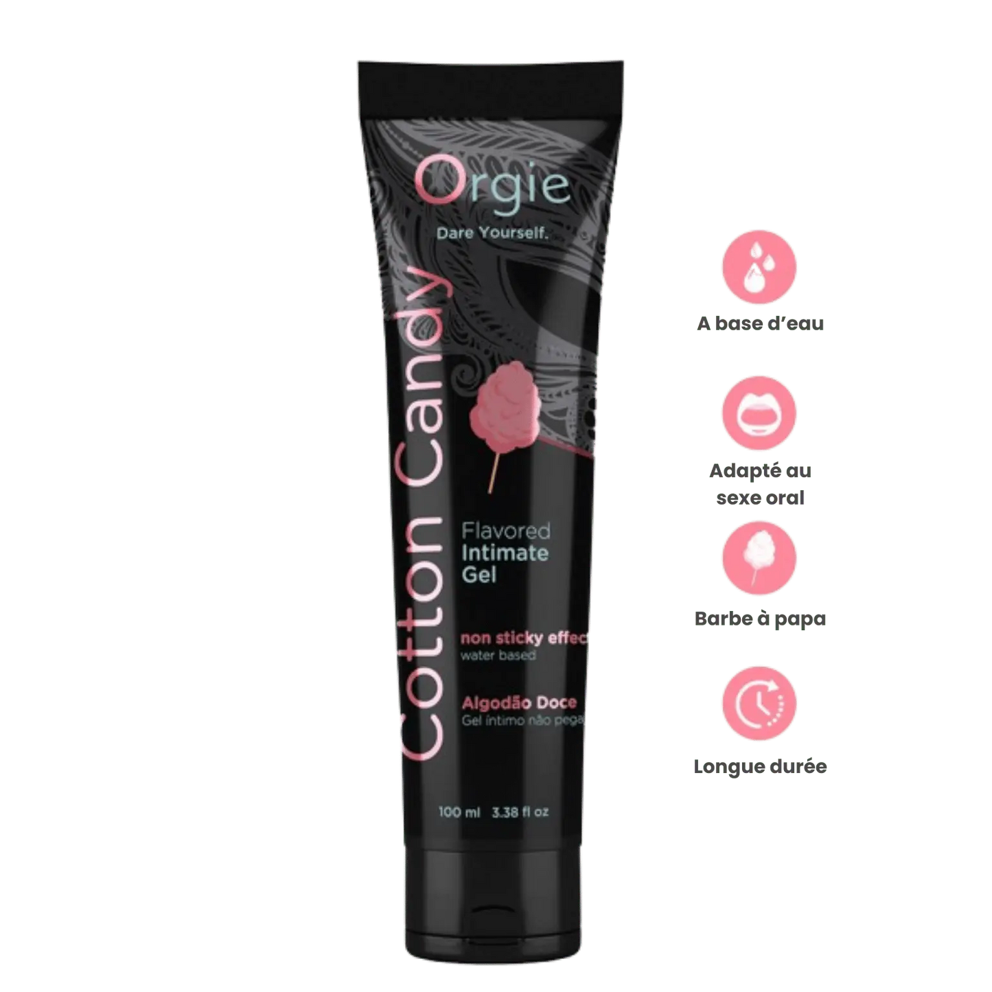 Un tube de Lube Tube Cotton Candy, mettant en avant ses caractéristiques : gel intime parfumé à la barbe à papa, à base d’eau, non collant, adapté pour le sexe oral, et de longue durée.