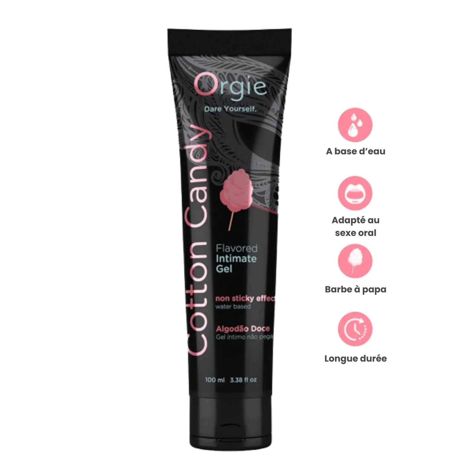 Un tube de Lube Tube Cotton Candy, mettant en avant ses caractéristiques : gel intime parfumé à la barbe à papa, à base d’eau, non collant, adapté pour le sexe oral, et de longue durée.