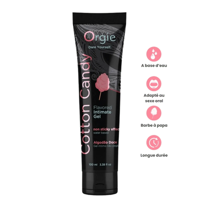 Un tube de Lube Tube Cotton Candy, mettant en avant ses caractéristiques : gel intime parfumé à la barbe à papa, à base d’eau, non collant, adapté pour le sexe oral, et de longue durée.