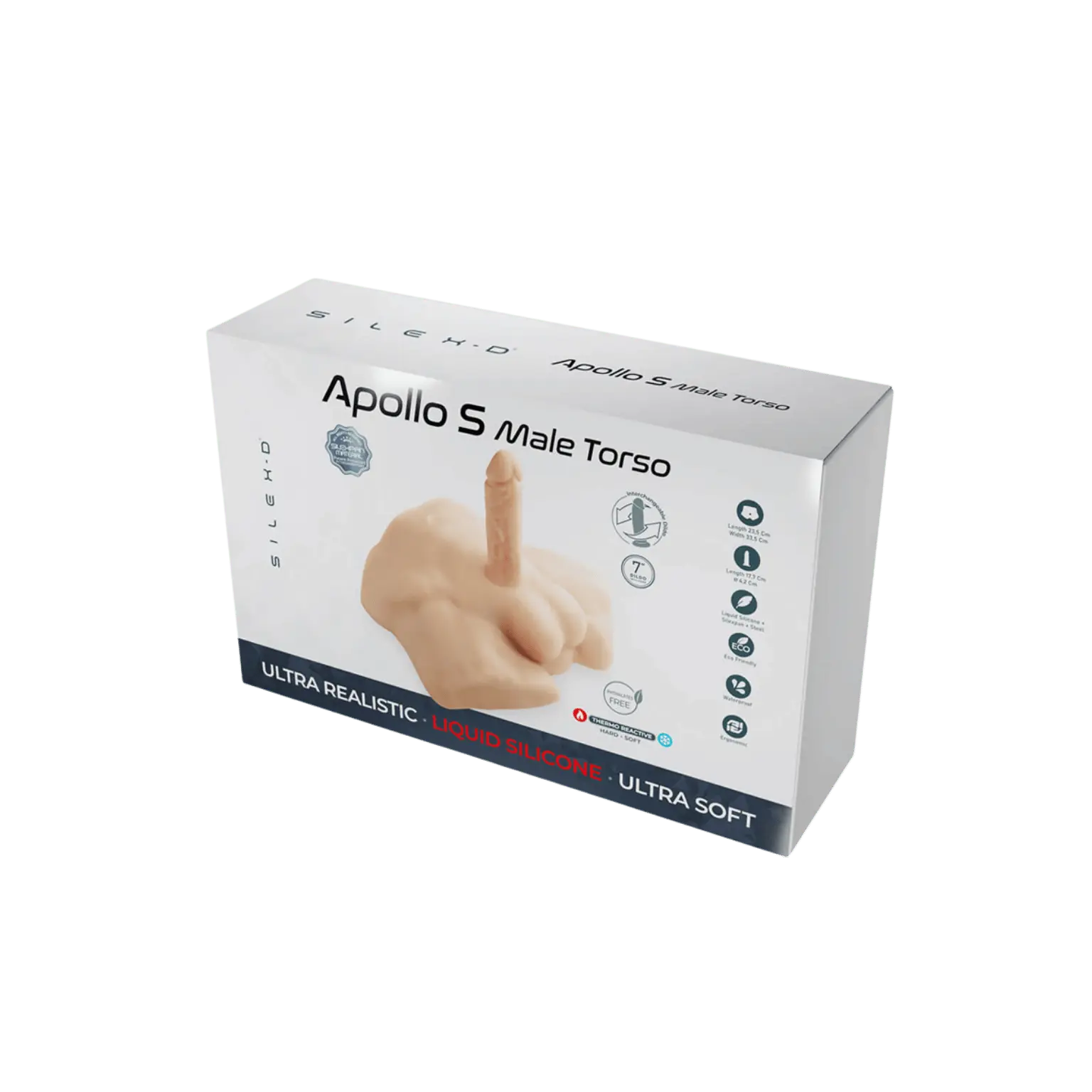 Vue de l’emballage du masturbateur haut de gamme Apollo S Male Torso de la marque SilexD, proposé par la boutique Oh My God’Z. Sextoy masculin ultra réaliste en silicone liquide, conçu pour une expérience sensorielle d’un réalisme incomparable.