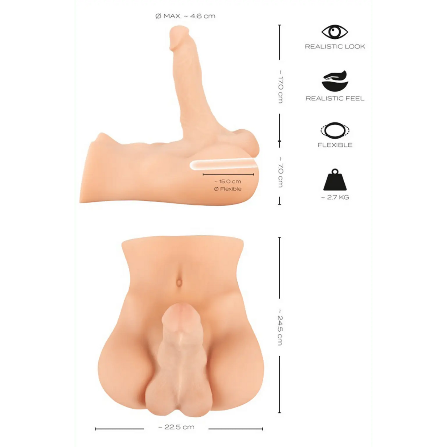 Dimensions détaillées du masturbateur réaliste Deluxe Man 02 de Realistixxx : sextoy masculin premium avec pénis souple de 17 cm, disponible chez Oh My God'Z.