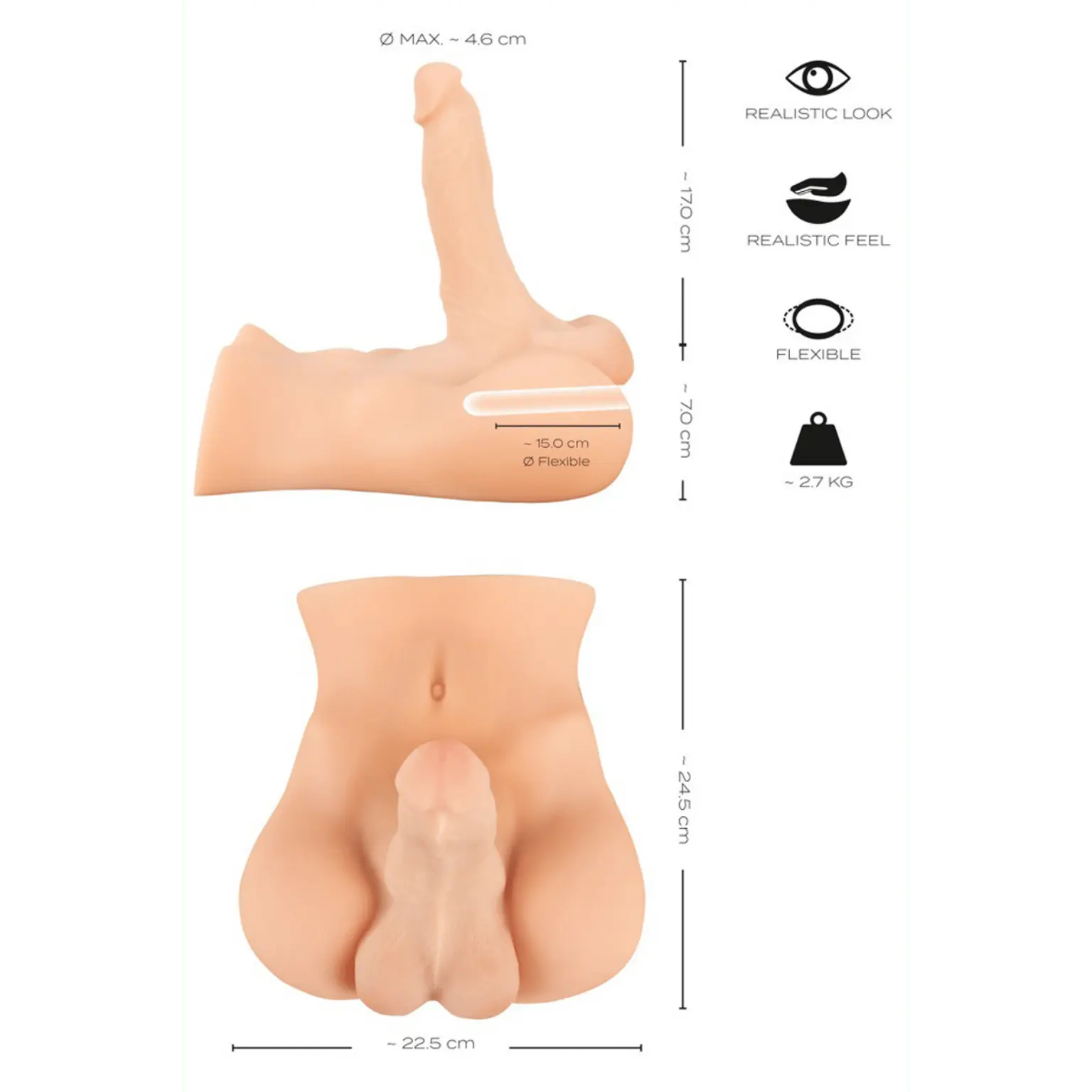 Dimensions détaillées du masturbateur réaliste Deluxe Man 02 de Realistixxx : sextoy masculin premium avec pénis souple de 17 cm, disponible chez Oh My God'Z.