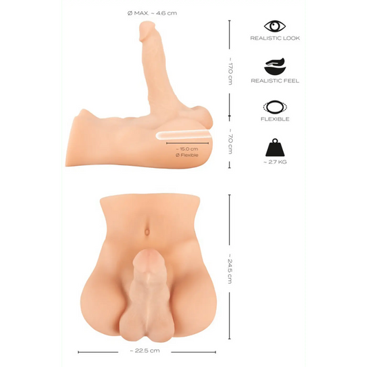 Dimensions détaillées du masturbateur réaliste Deluxe Man 02 de Realistixxx : sextoy masculin premium avec pénis souple de 17 cm, disponible chez Oh My God'Z.