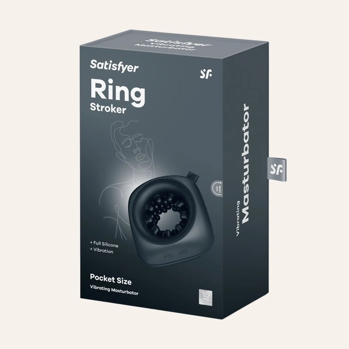 Boîte du masturbateur vibrant Ring Stroker de Satisfyer, un produit compact et puissant conçu pour le plaisir masculin. Proposé par la boutique Oh My God'Z.